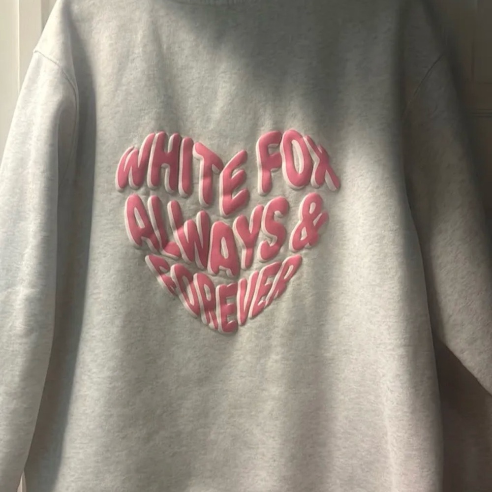 White Fox Boutique Gray Sweatshirt with Pink Heart Graphic